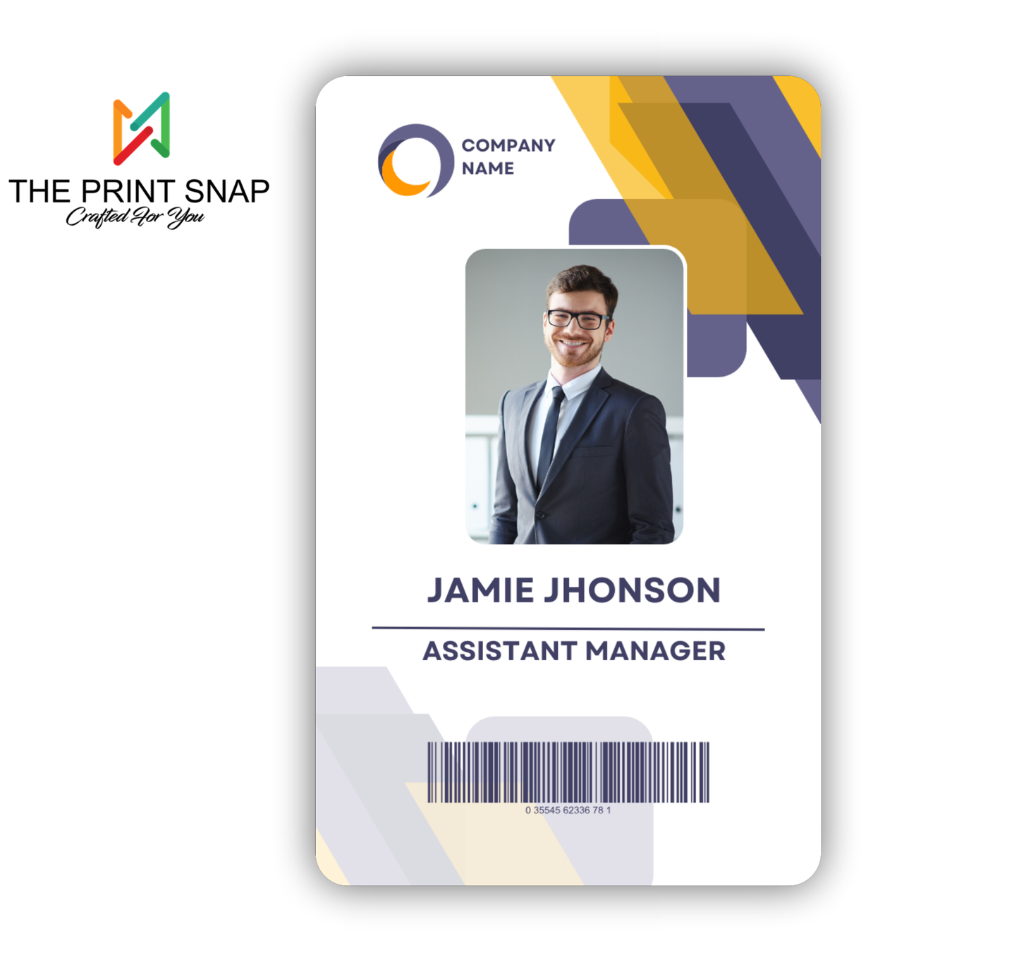Employee ID card with custom photo, name, logo, and barcode – printed on durable PVC for office and corporate use.