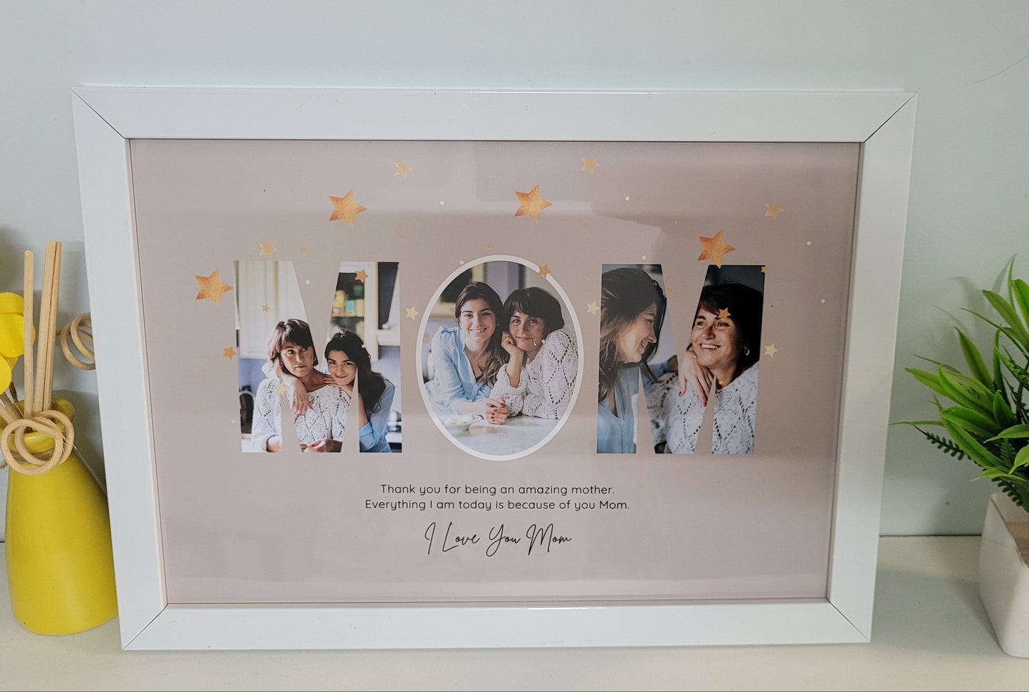 Personalized Mother's Day photo frame with MOM letter collage and custom family pictures