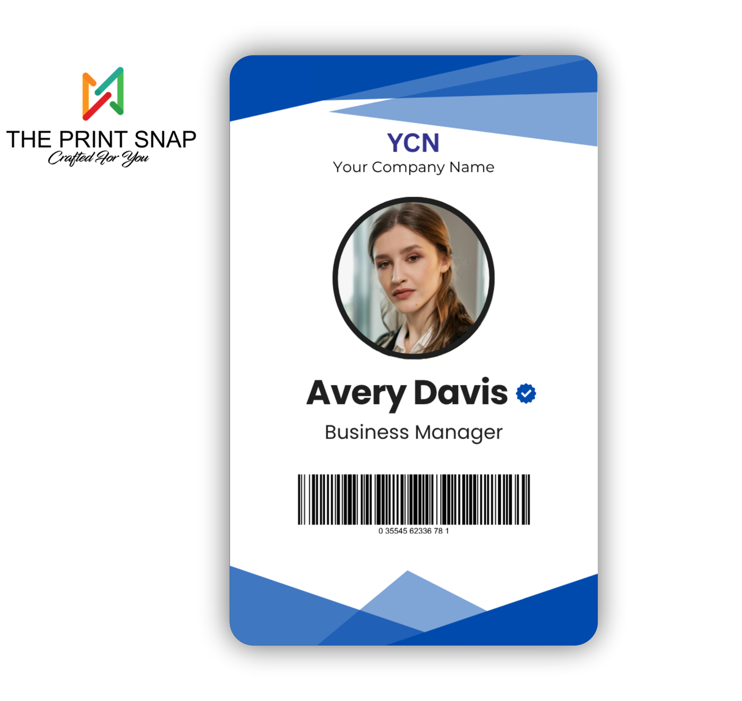 Employee ID card with custom photo, name, logo, and barcode – printed on durable PVC for office and corporate use.