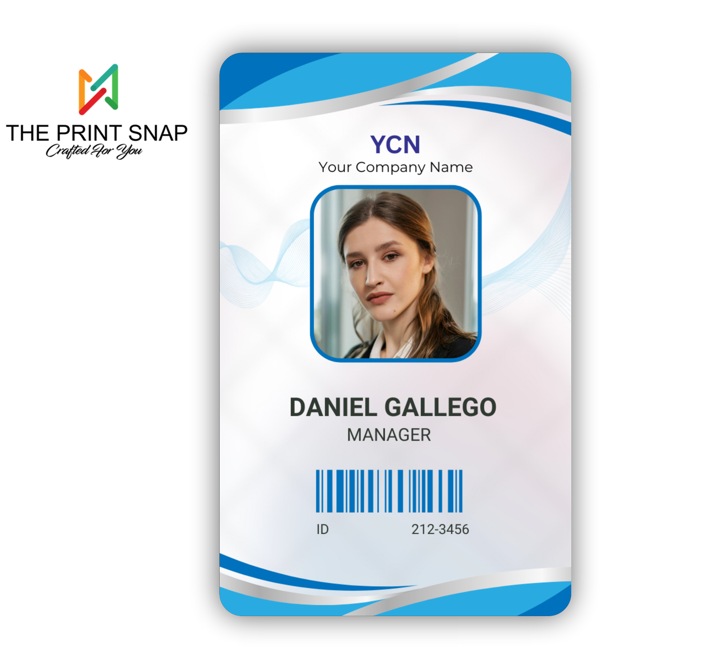 Employee ID card with custom photo, name, logo, and barcode – printed on durable PVC for office and corporate use.
