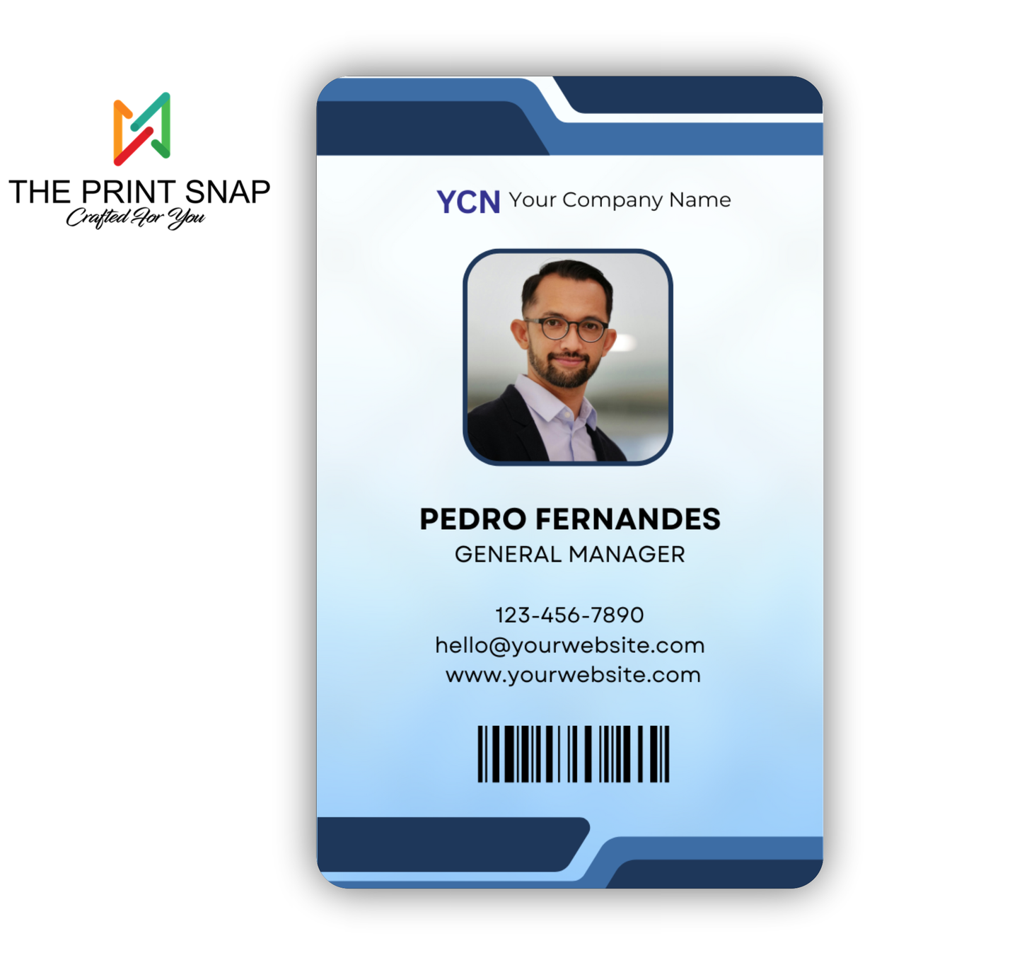 Employee ID card with custom photo, name, logo, and barcode – printed on durable PVC for office and corporate use.