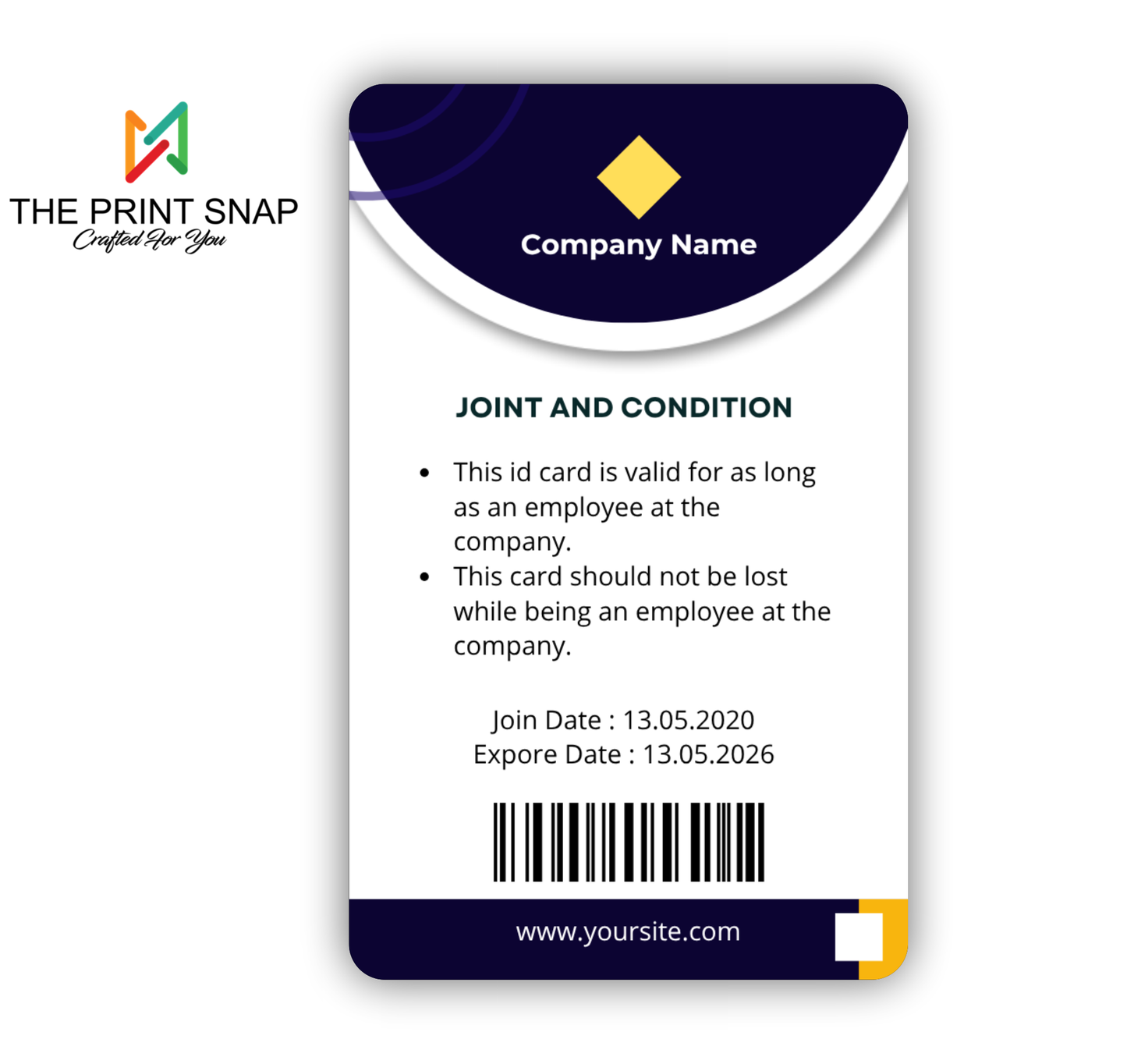 Employee ID card with custom photo, name, logo, and barcode – printed on durable PVC for office and corporate use.