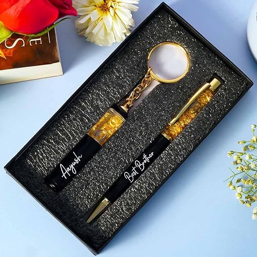 Gold Flake Pen & Keychain Set | Premium Gift Set