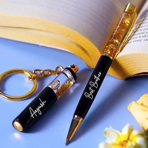 Gold Flake Pen & Keychain Set | Premium Gift Set