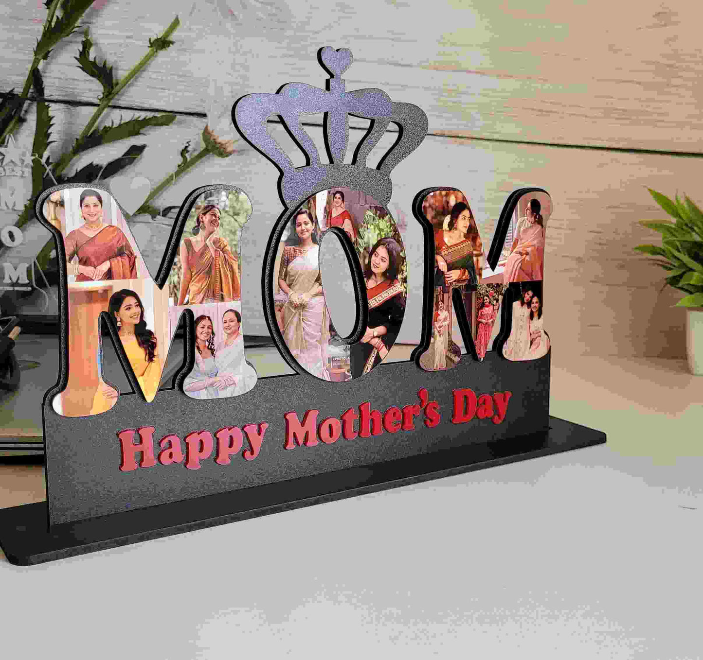 Personalized MOM photo frame with crown design featuring custom photos and "Happy Mother’s Day" message – unique Mother's Day gift idea