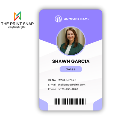 Employee ID card with custom photo, name, logo, and barcode – printed on durable PVC for office and corporate use.