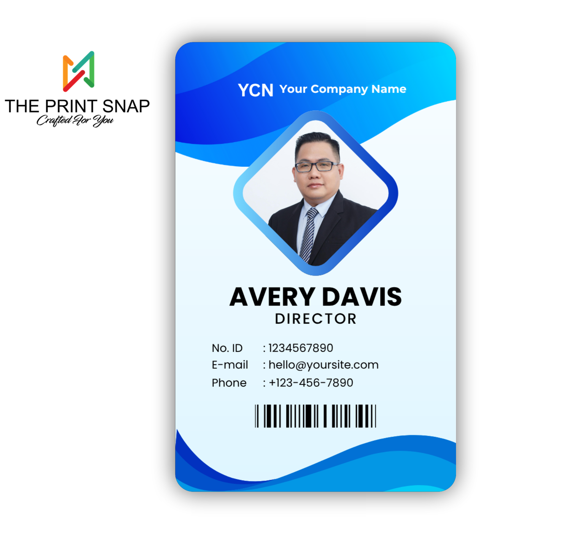 Employee ID card with custom photo, name, logo, and barcode – printed on durable PVC for office and corporate use.