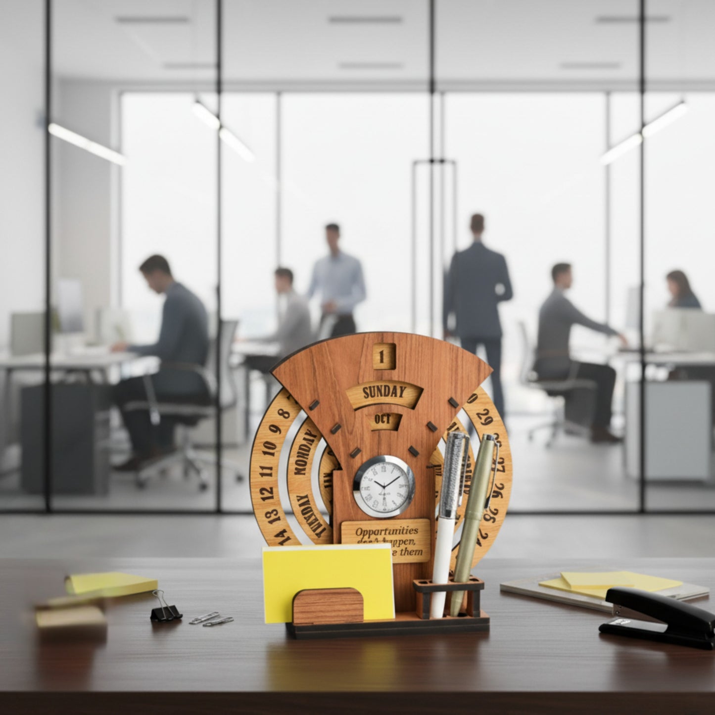 Premium Wooden Desk Organizer with Clock & Perpetual Calendar | Office Table Gift | Personalized Corporate Gift